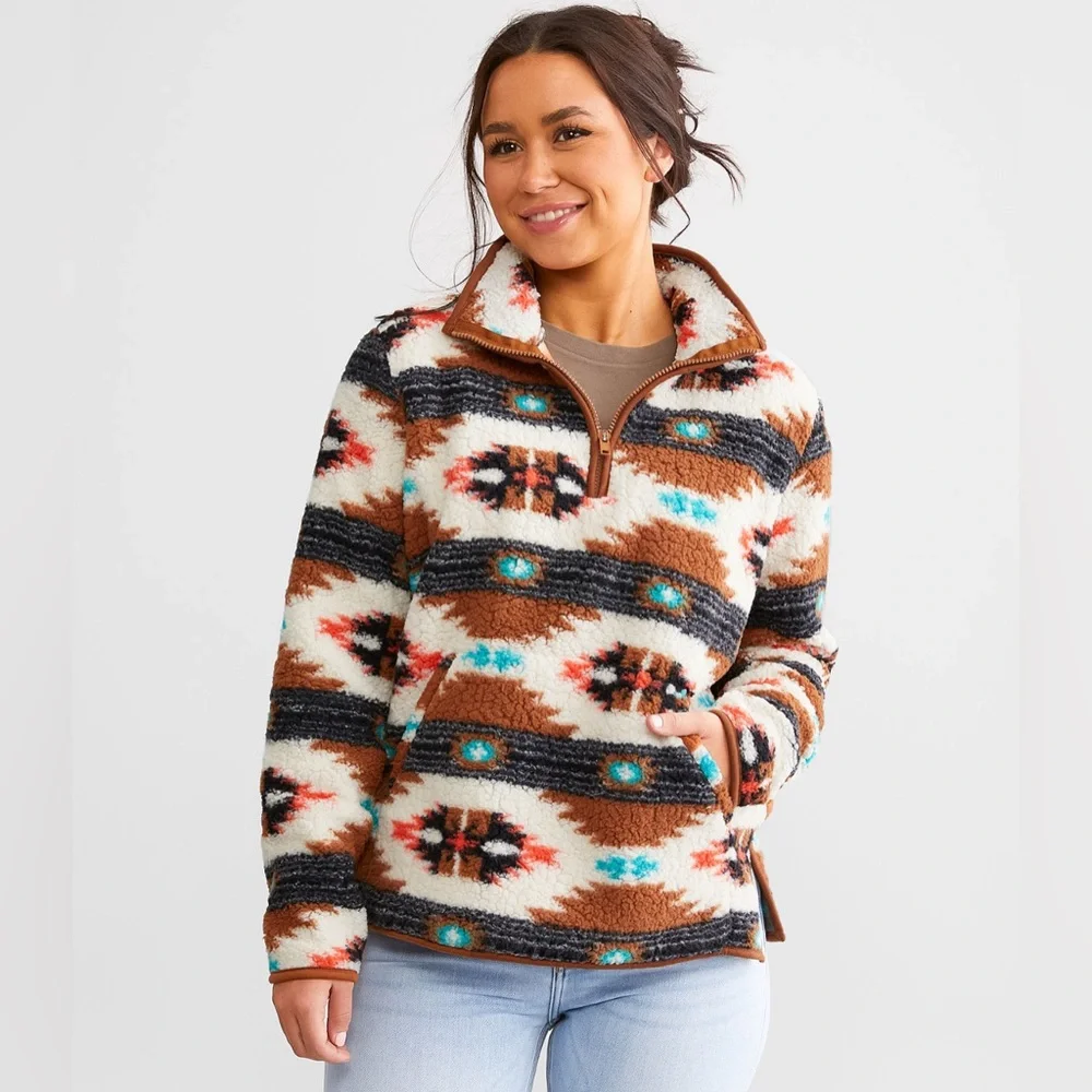 Wrangler Retro Southwestern Quarter Zip Sherpa Pullover - Picture 1 of 12